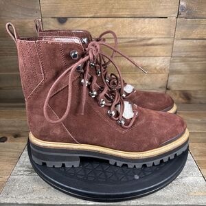 Marc Fisher LTD Lizzie Womens 7 Red Suede Leather Lace Up Fur Trim Ankle Boot